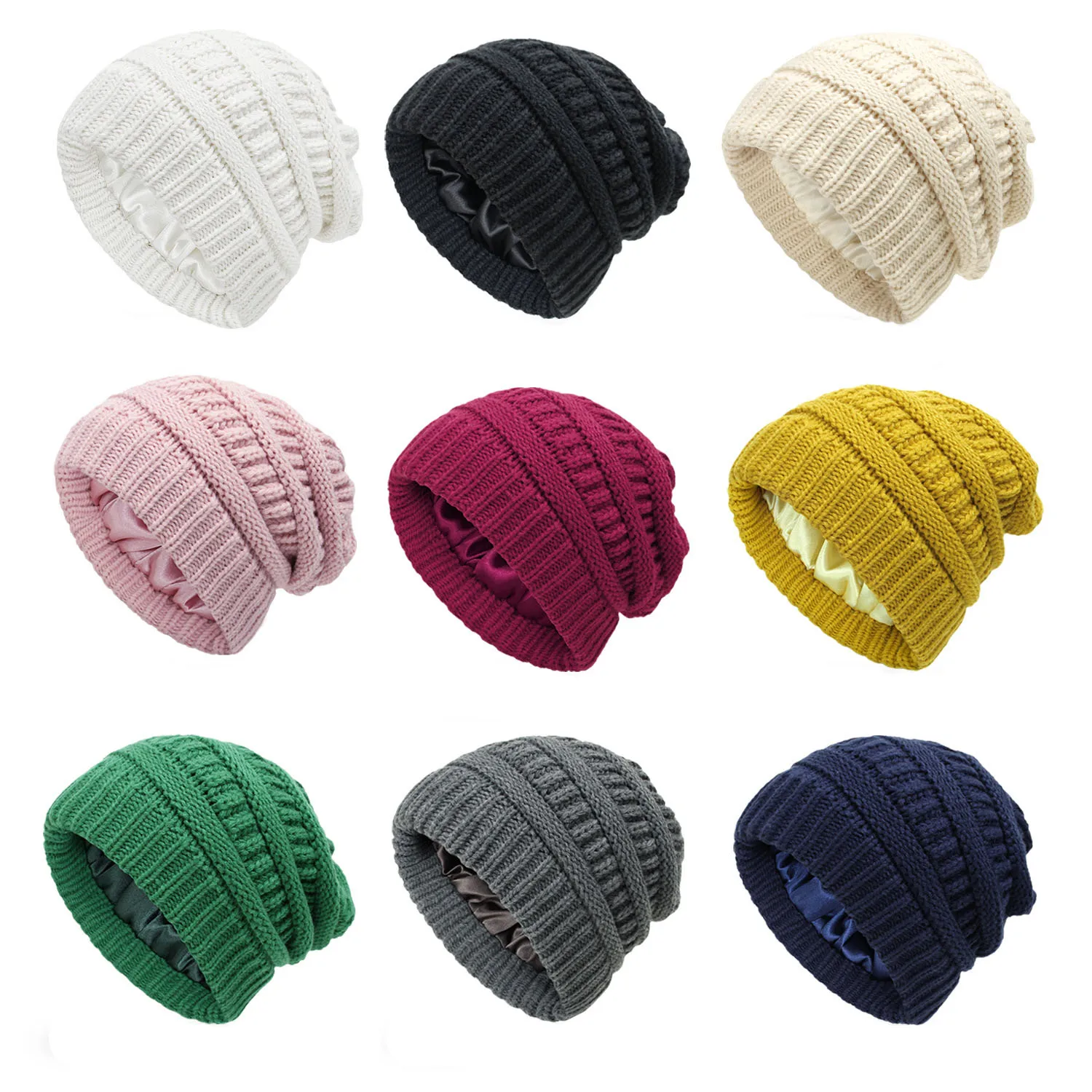 

Winter Caps Silk Satin Lined Chunky Cap Women Men Unisex Knitted Baggy Beanie Hat Winter Warm Hats Slouchy Skullies Wool Beanies