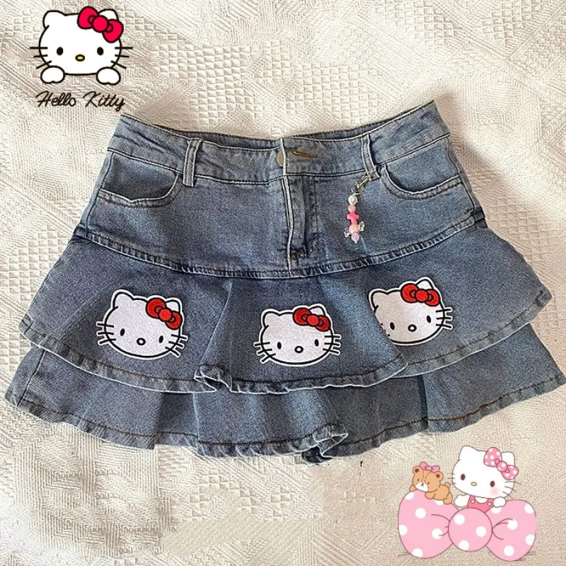 

Kawaii Hello Kitty Denim Skirt Y2K A Line Cake Skirt Anime Cartoon Doll Print Fashion Spice Girl Comfortable Skirt Children Gift