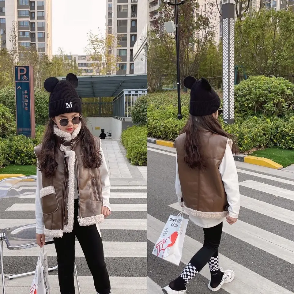 

Children's Lamb Wool Vest Winter Girls PU Leather Vest Plush Leather Jacket Boys Plus Velvet Thick Warm Top