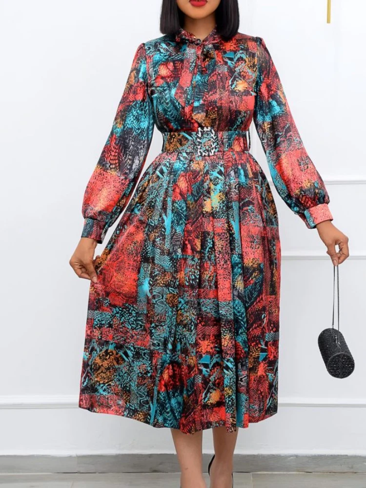 Belt Spring Long Sleeve High Waist Printed Large Size elegant dresses plus size women clothing