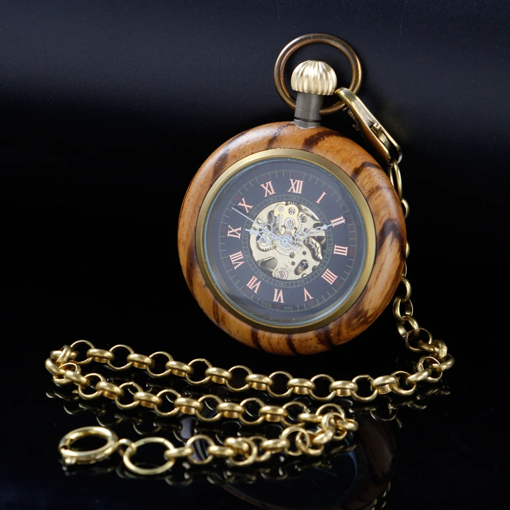 New Wooden Sculpture Roman Digital Mechanical Pocket Watch Vintage Hollow-Out Case Analog Skeleton Men's Mechanical Pocket Watch