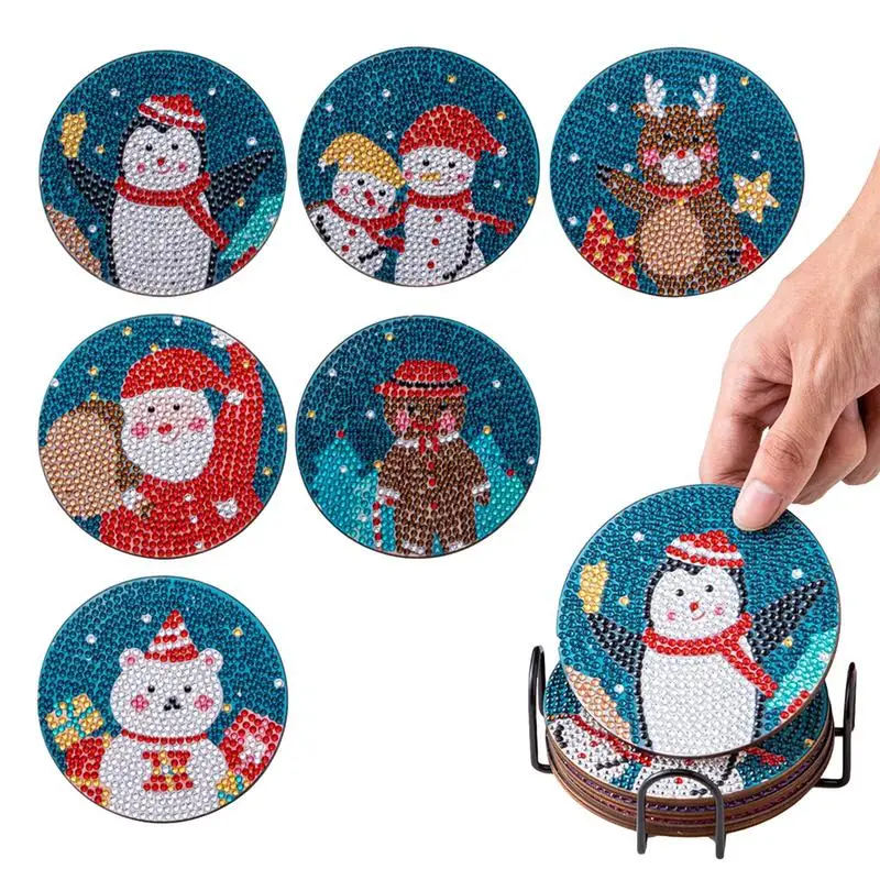 

Алмазные подставки для творчества, набор из мультяшного деревянного коврика для чашек, Рождественская подставка для чашек с снеговиком, им...