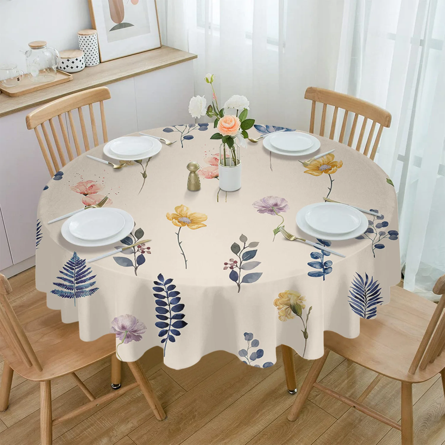 

Flower Leaves Round Tablecloth Waterproof Table Cover for Wedding Party Decoration Dining Table Cover