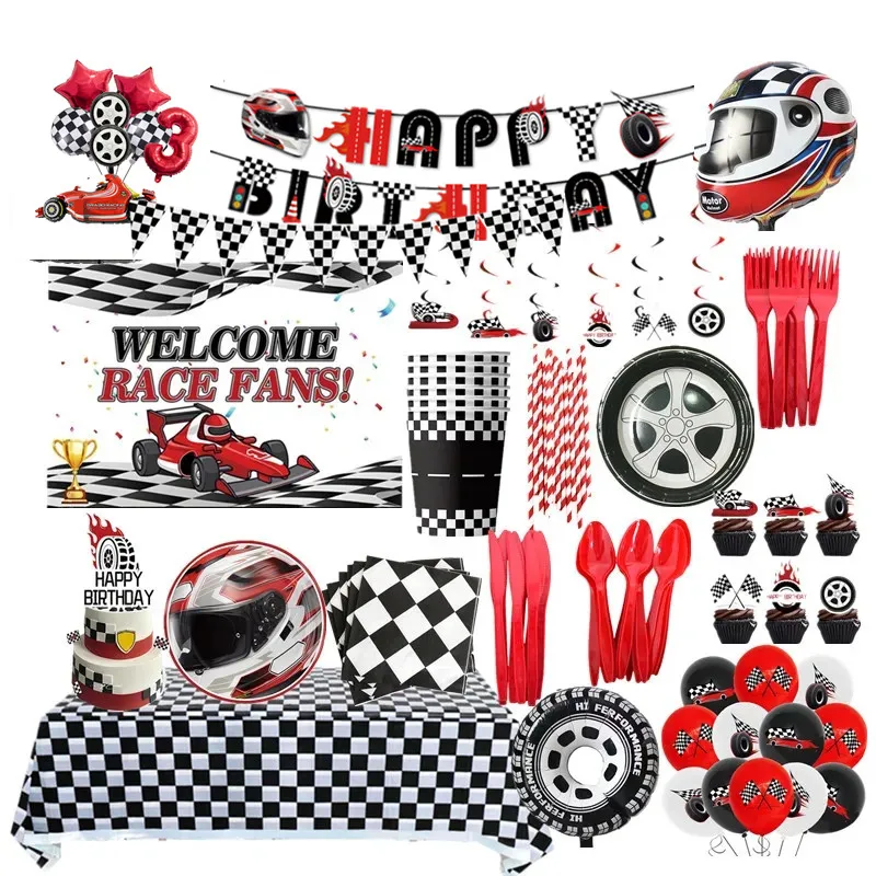 

Детские украшения на день рождения с гоночной машиной, черные, белые, в клетку, красный шлем, мотоциклетный шлем, посуда, тарелки, салфетки, чашки, аксессуары