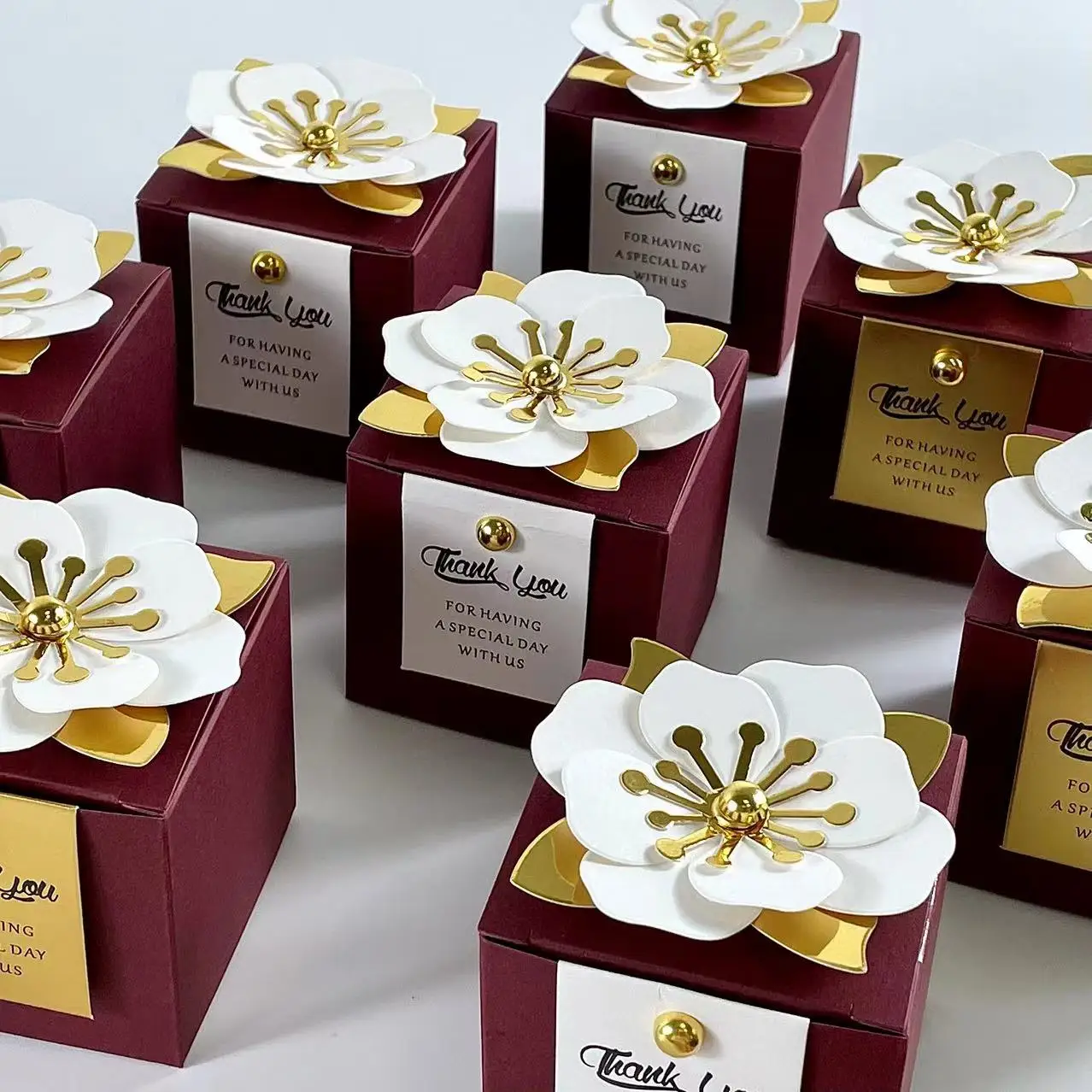 

20/50 Pack Wine Red Gift Box with Flower Card Square Candy Box Gift Bag Biscuit Bag Wedding Favor Holiday Party Supplies