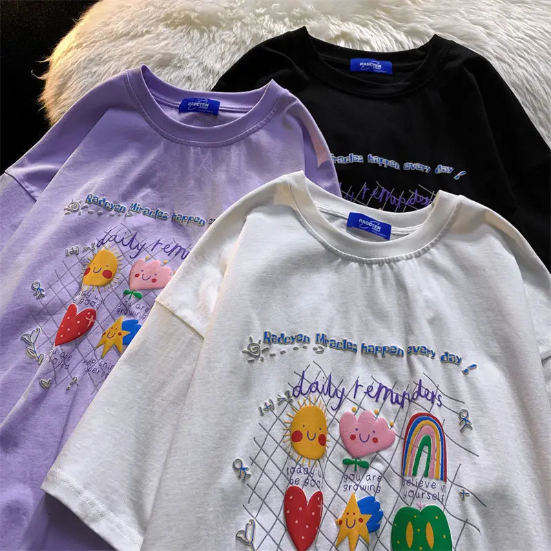 

Cartoon Face Sun Flower Graphic T Shirts High Quality Cotton Students Teenage Kawaii Clothes Loose O-neck Summer Tee Tops Korean