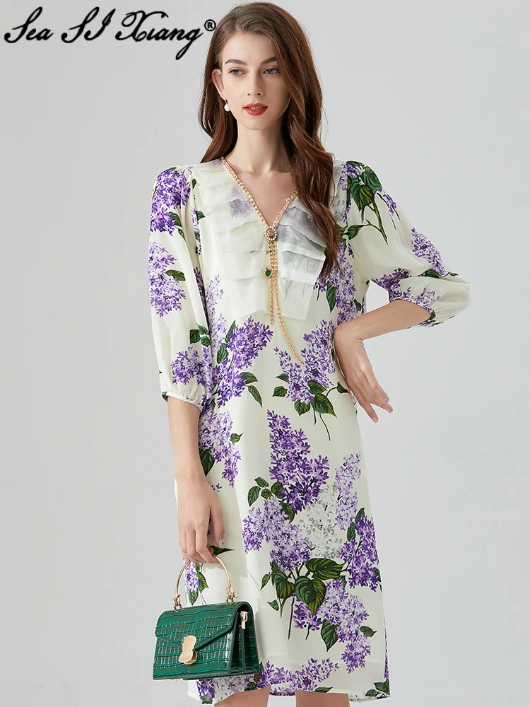 

Seasixiang Fashion Designer Summer Loose Dress Women V-neck Lantern Sleeve Flowers Print Vacation Midi Dresses