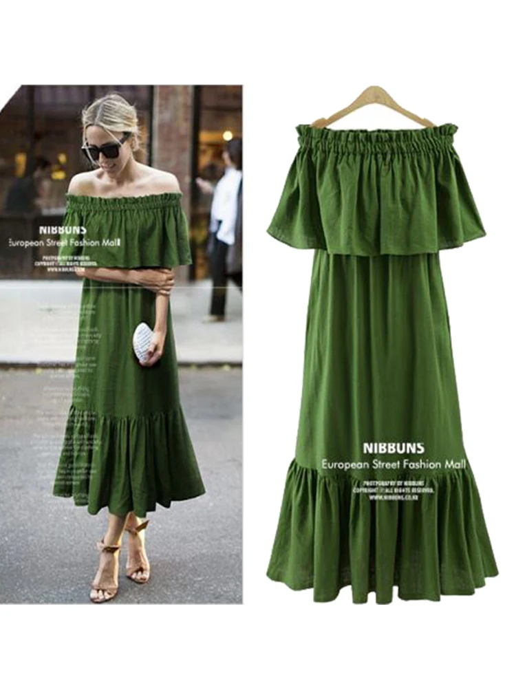 

2023 летнее платье макси с оборками, пикантный сарафан с открытыми плечами, женское эластичное свободное зеленое пляжное платье с вырезом-лодочкой