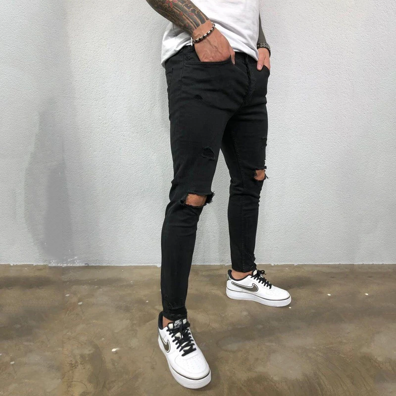High quality street men's European and American men's ripped elastic skinny jeans torn trousers youth student casual trend pants