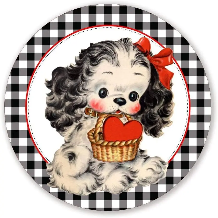 

Black and White Plaid Retro Style Valentines Wreath Sign Dog Wreath Sign Round Metal Tin Sign Suitable for Home and Kitchen