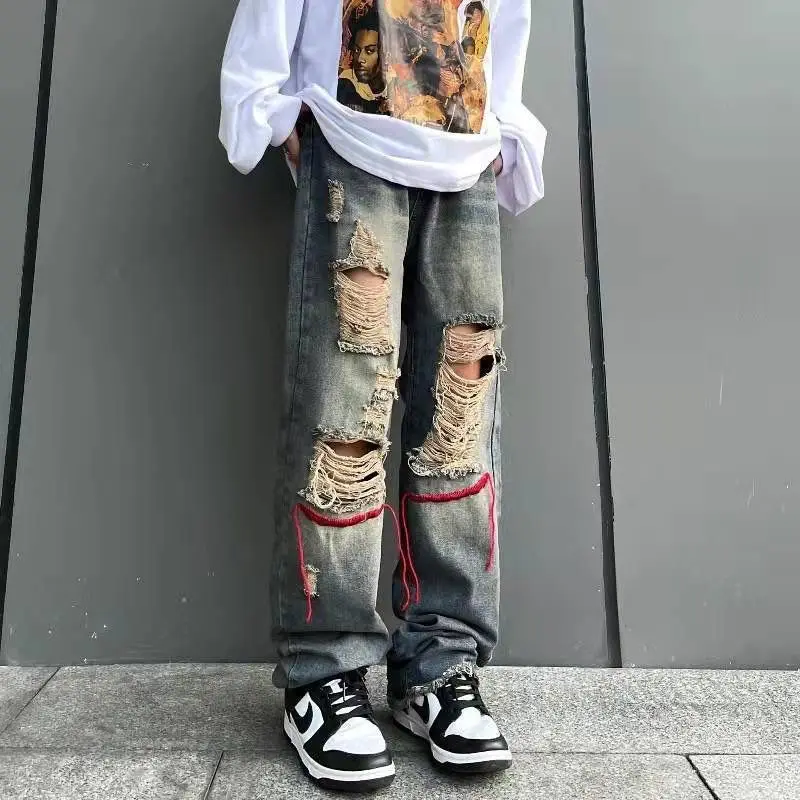 Korean Style Ins Hip-Hop Trendy Distressed Red Rope Vintage Jeans Washed And Worn Long Straight Leg Pants