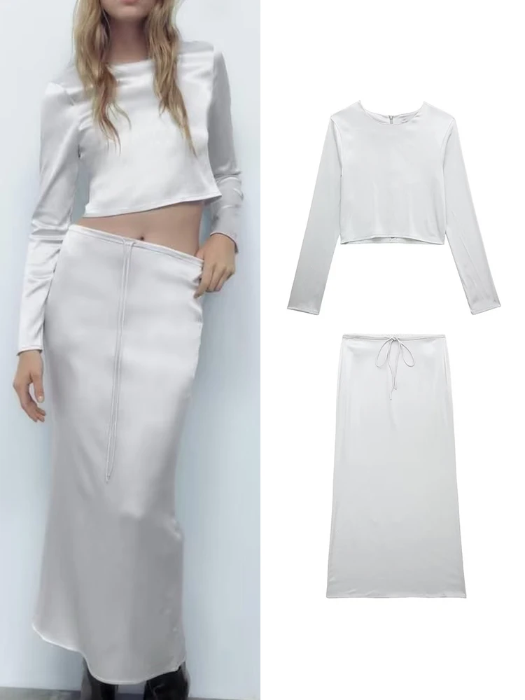 

TRAF Elegant Soft Silk Skirt Sets 2022 Vintage Long Sleeve Back Zipper Blouse Female Casual Sexy Skirt Ladies Fashion Streetwear
