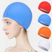 swimming cap adult pu waterproof swim pool cap solid color elastic protect ears long hair diving hat bathing cap free size
