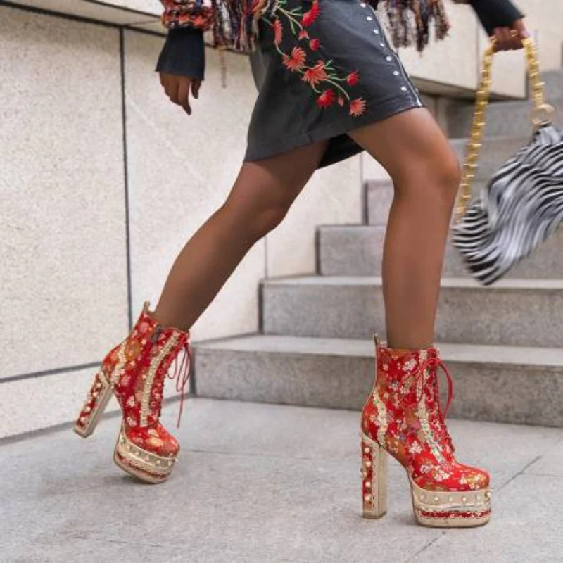 2023 European and American Super High Heel Baotou Thick Sole Feng Shui Platform Catwalk Rivet Sexy Banquet Booties and Sandals