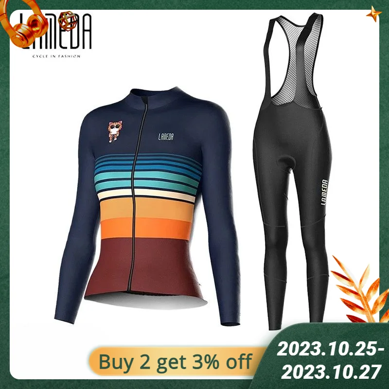 

LAMEDA Women's Cycling Jersey Set Long Sleeve Strap Pants Set Warm Cycling Clothes for Women Highway Bicycle Clothing