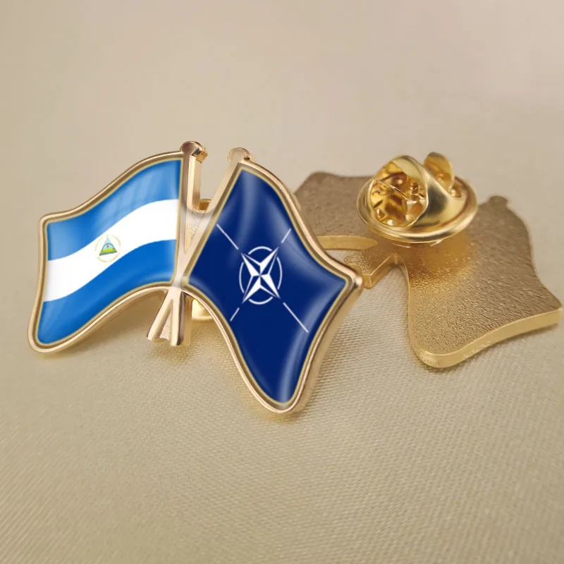 

Nicaragua and NATO North Atlantic Treaty Organization Crossed Double Friendship Flags Lapel Pins Brooch Badges