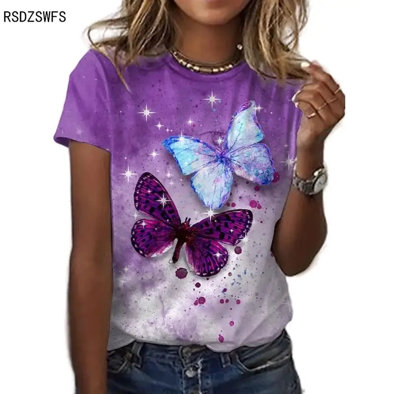 Женская блузка с коротким рукавом круглым вырезом и принтом бабочки - купить по