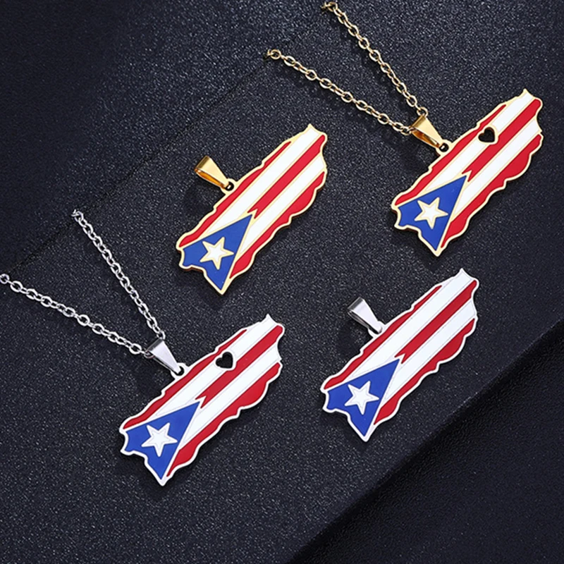 

High Quality America Puerto Rico Map Necklace Hiphop Woman Mens Gold Silver Color Enamel Stainless Steel Pendant Jewelry