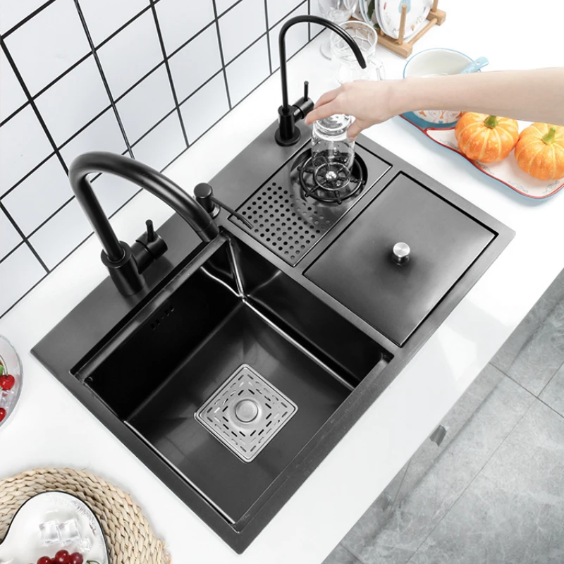 

Black Nano Stainless Steel Sink Concealed Cup Washe Kitchen Sink Multifunctional Thickened Vegetable Washing Pool With Trash Can