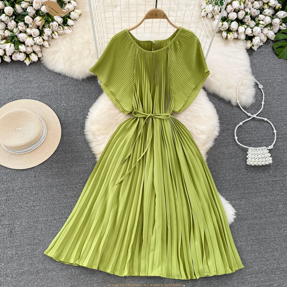 

Solid Green Orange Summer Midi Dress For Women O Neck High Waist Lace up Pleated Dresses Female Vacation Beach Dresses SR722