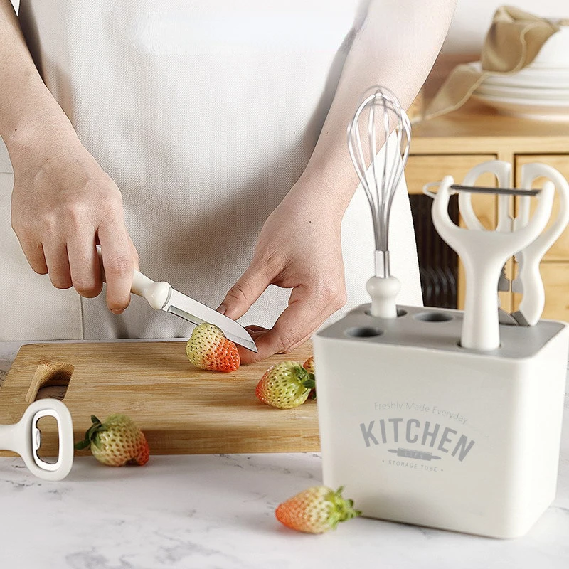 

Белые гаджеты, комбинированный набор с держателем для хранения, ножницы для чистки, измельчитель яиц, нож для фруктов, открывалка для бутылок, домашний инструмент для приготовления овощей