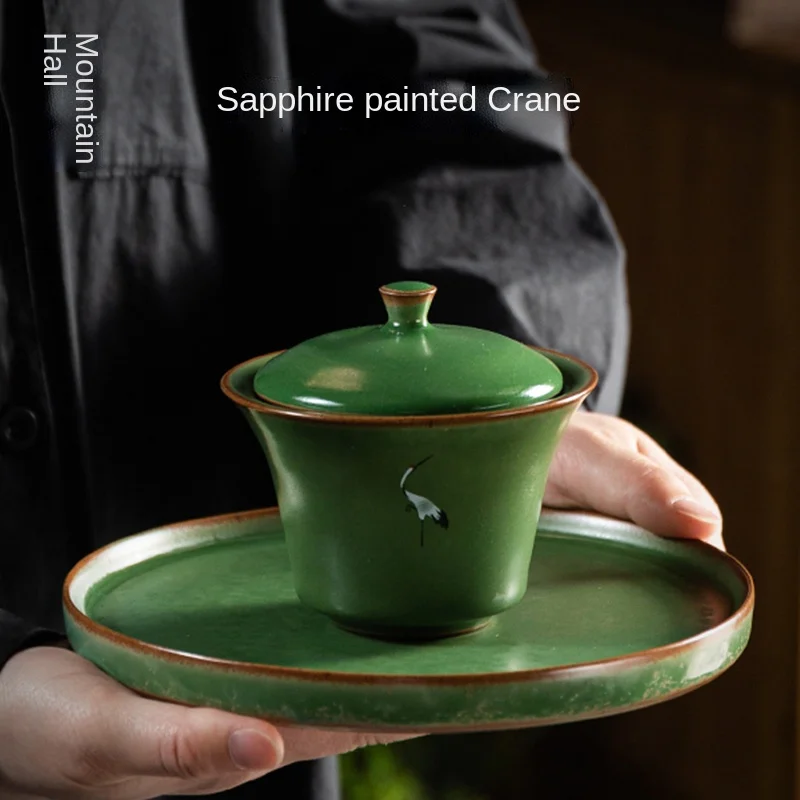 Landscape Sapphire Crane Tureen Ceramic Large Three-Piece Tea Bowl Hostess Tea Cup Kiln Baked Teaware Tea Cup Bowl