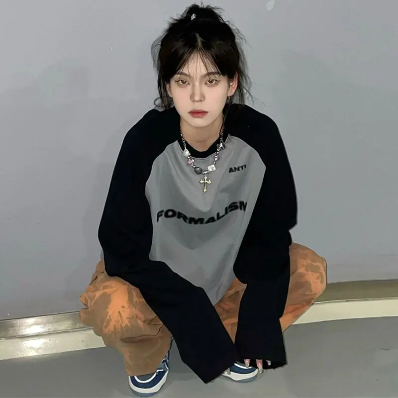 

Женский свитер с контрастной вставкой, Свободный пуловер оверсайз с рукавом реглан в стиле ретро, весна 2023