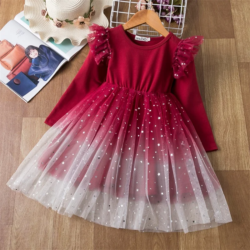 

Girls Long Sleeve Christmas Red Dress Winter Warm Round-Neck Kids Clothing New Year Tulle Fabric Tutu Vesitdos For 3 4 5 6 7 8T