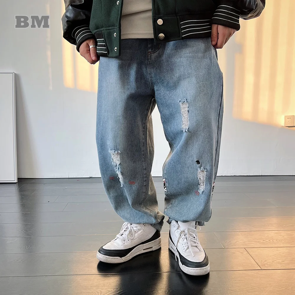 

Japanese Streetwear Cashew Patchwork Embroidery Ripped Jeans Harajuku High Quality Denim Trousers American Cargo Pants Men