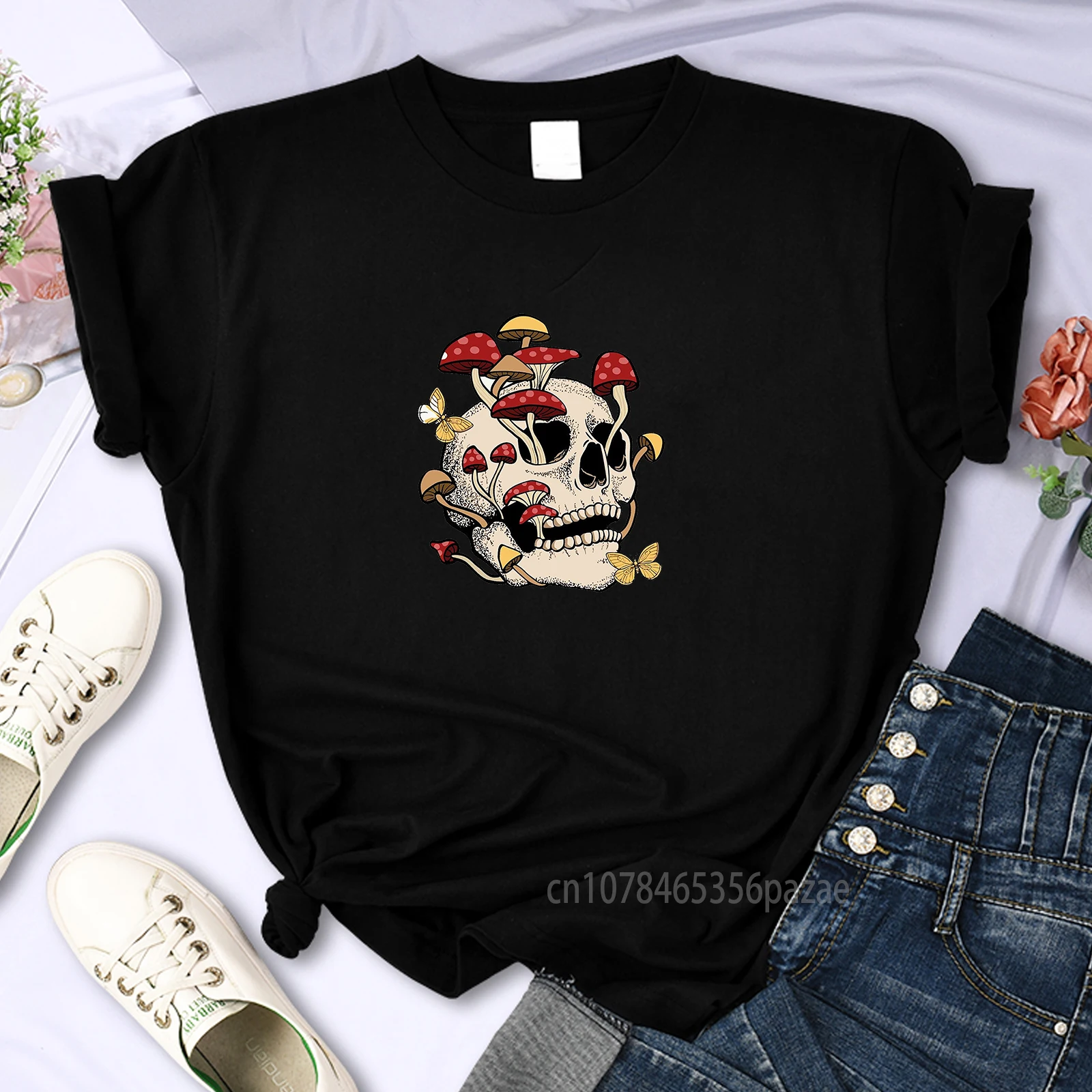 

Mushroon Scull Women T-shirt Girl Print Oversize Fashion Solid Color Halloween Cute Clothes Short Sleeve Frog Ghost Horror Tee