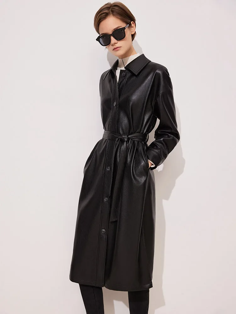 Женская однобортная кожаная куртка Amii длинное пальто с поясом в минималистском