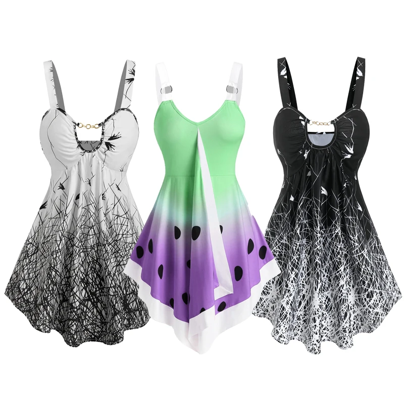 

Casual Plus Size Women Chain Detail Birds Print Tank Top Spaghetti Strap Tank Top Summer Loose Gothic Steetwear 3XL