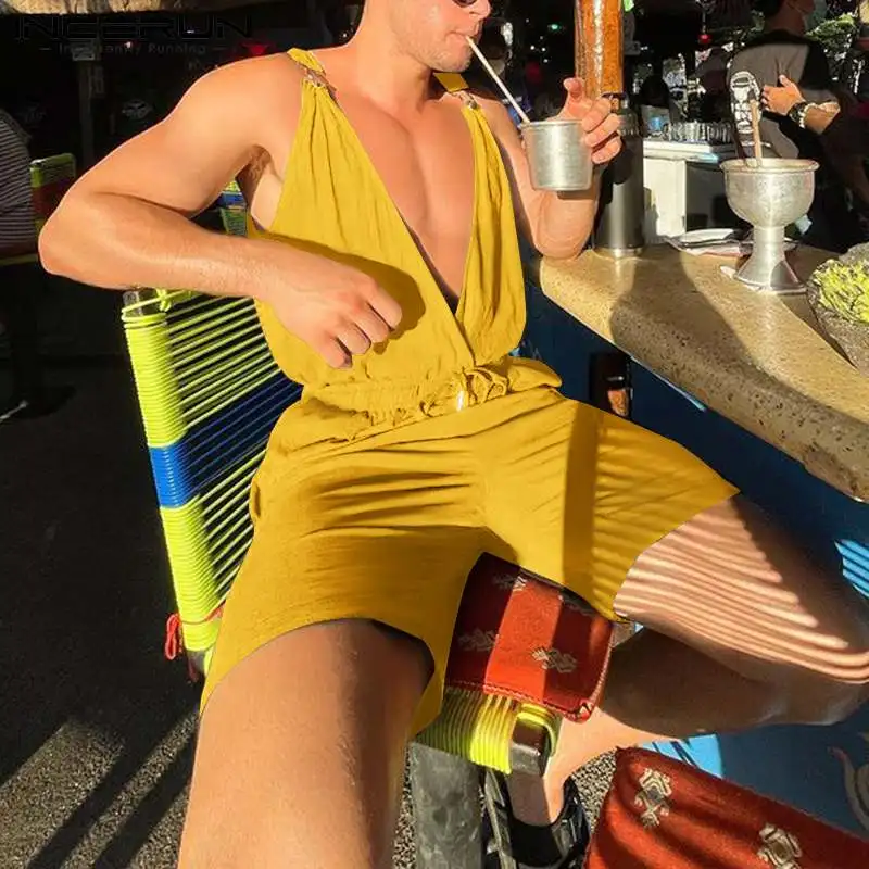 

Stylish Men's Solid Loose Comfortable Onesies INCERUN Male Fashion All-match Rompers Deep V-neck sleeveless Jumpsuits S-5XL 2022