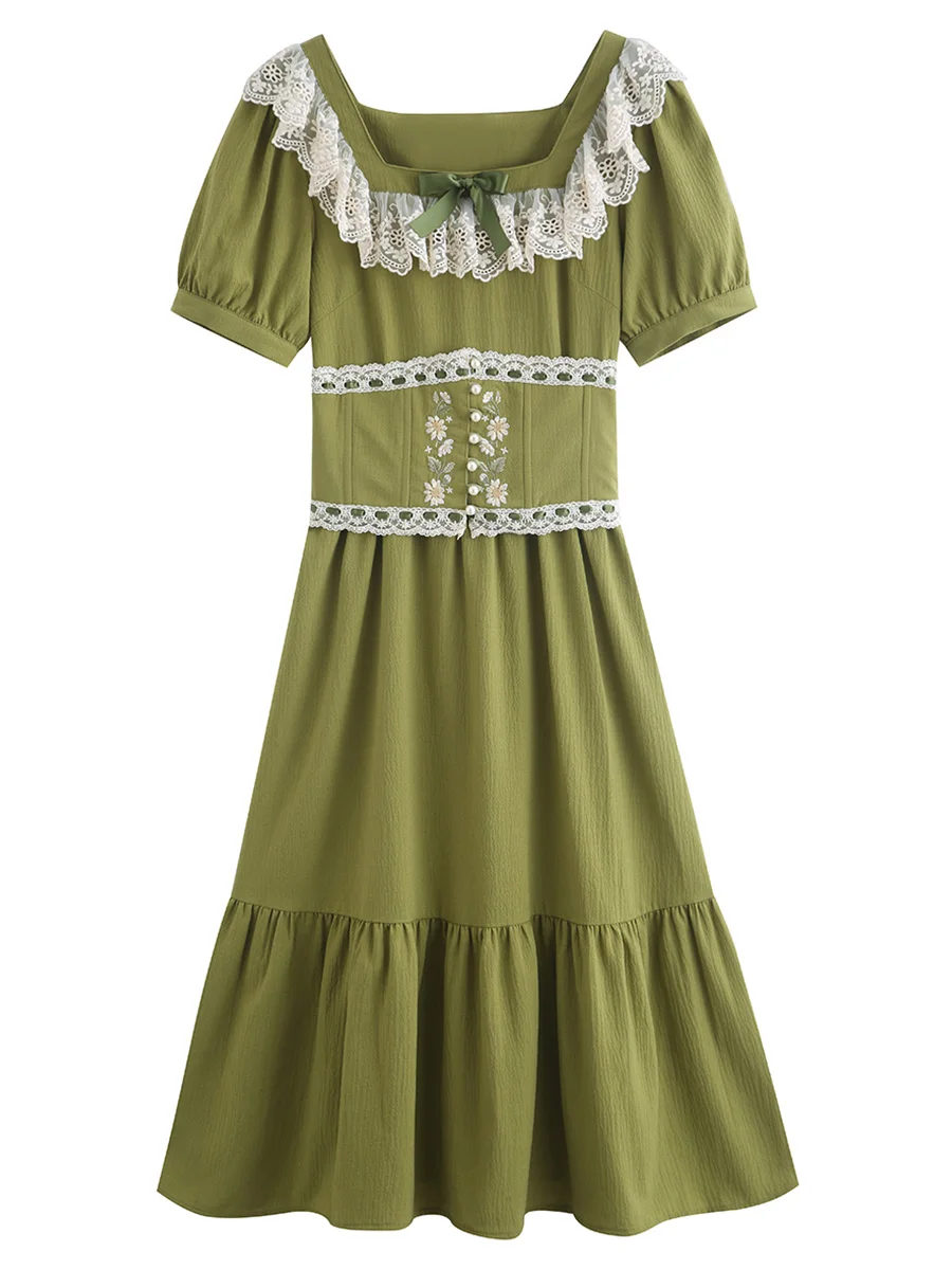 

Женское платье с вышивкой, зеленое кружевное платье с квадратным вырезом, хлопковое свободное платье с вышивкой в пасторальном стиле ретро, лето 2023