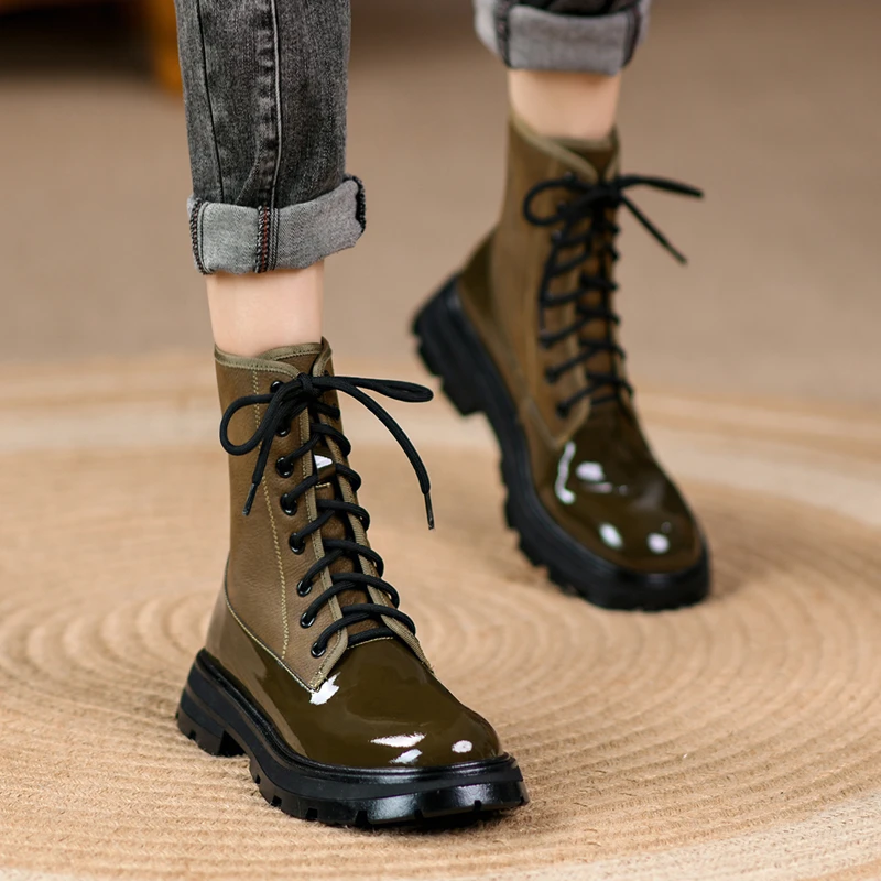 

Classic Boots Women British Style Comfortable Stitching Women Boot Thicksoled Motorcycle Boot Patent Leather Ankle Boot 2023 New