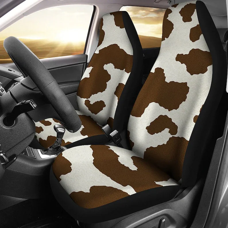 

Cow Hide Car Seat Covers Set Brown and White Print Rustic Western Cowboy Pattern Seat Protectors