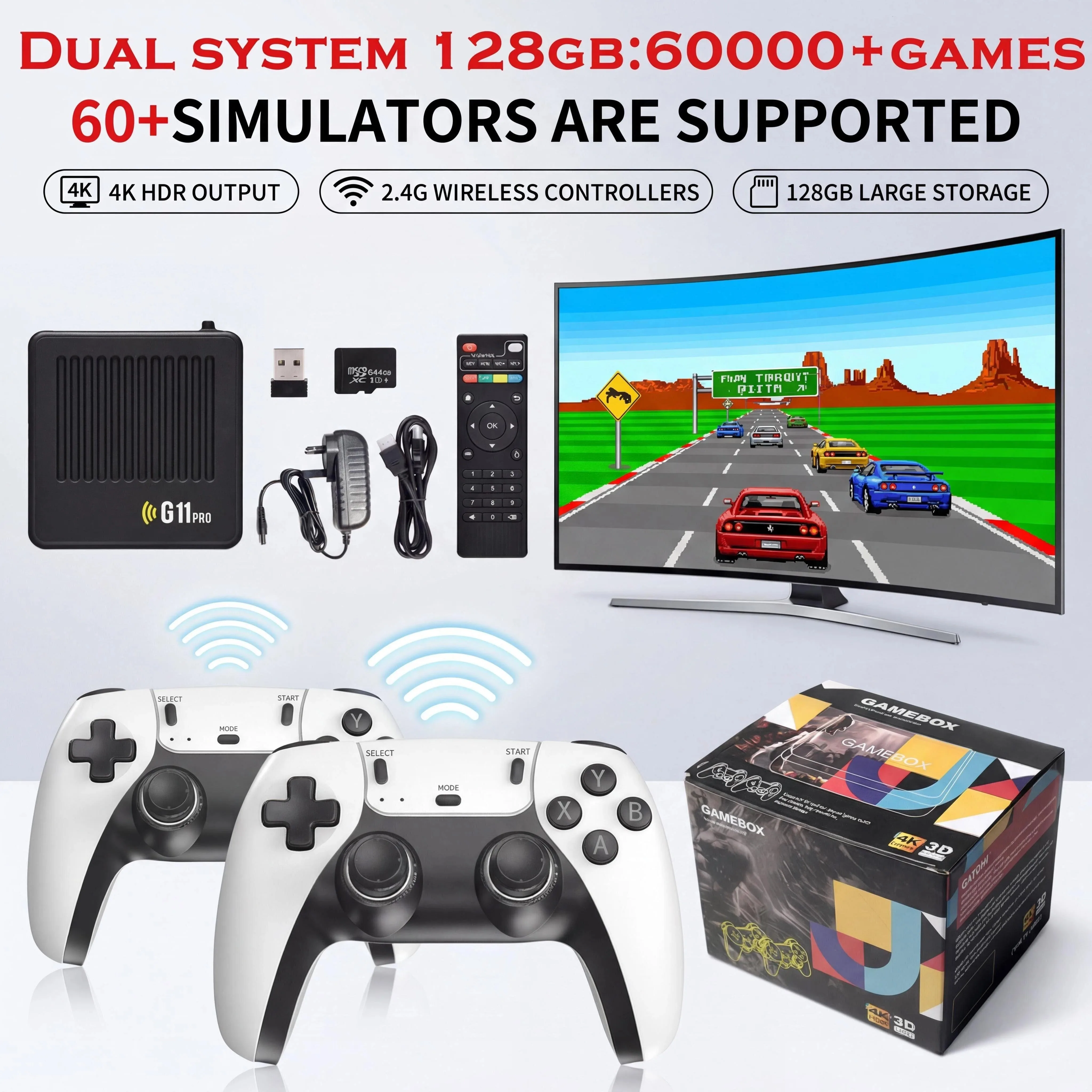 Фото Игровая приставка G11 Pro Game Box с двумя системами, 4K HD, ретро-консоль, беспроводной контроллер 2.4G, поддержка Plug and Play, поддержка нескольких устройств. №2
