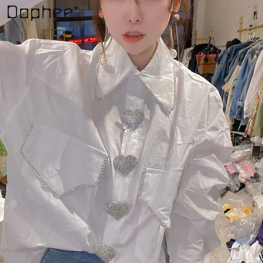 

Новинка Весна 2022 Изысканная Стразы рубашка на пуговицах женская Свободная блузка с длинным рукавом женский топ с воротником-поло бесплатна...