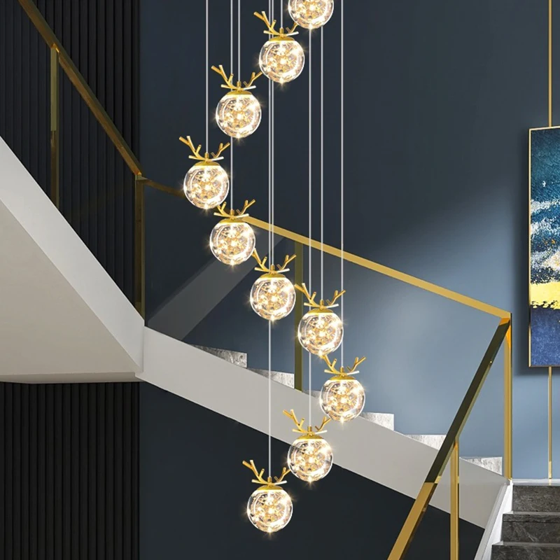 

Modern Spiral Staircase Chandelier Creative Deer Horn Glass Ball Villa Long Chandelier Living Room Bedroom Home Decoration Light