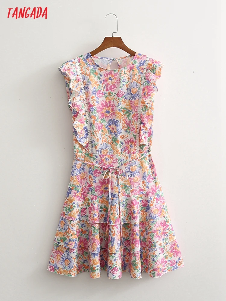 

Платье женское летнее с цветочным принтом и оборками, круглым вырезом и открытой спиной