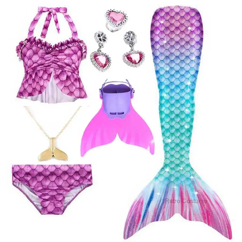 Girls Princess Little Mermaid Dress Swimming Mermaid Tail Beach Clothes Garland Flippers Bikini Anime Costume