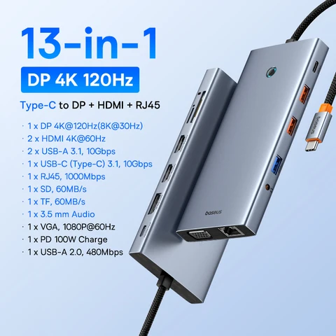 Адаптер Baseus USB Type C в HDMI-совместимый концентратор 13-в-1 DP 4K 60 Гц 120 Гц RJ45 VGA конвертер PD 100 Вт USB 3,0 2,0 для Macbook ПК