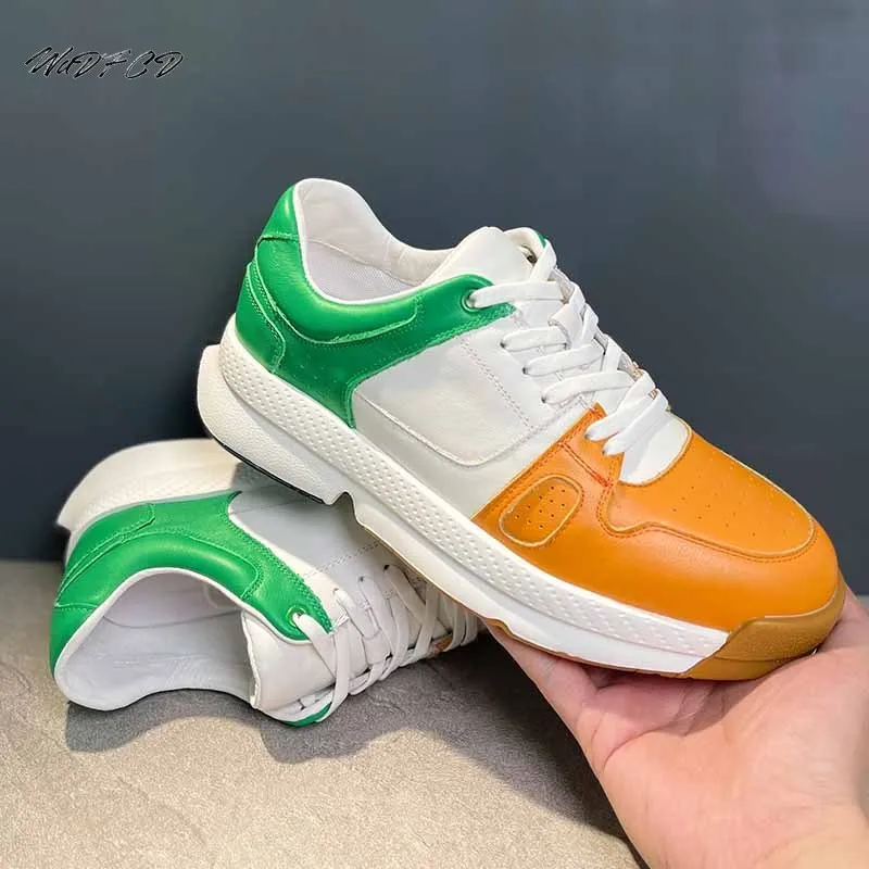 

Men Luxury Chunky Sneakers Fashion Casual Mixed Colors Genuine Leather Cowhide Breathable Height Increased Platform Board Shoes