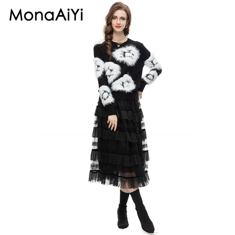 Осеннее темпераментное плюшевое платье MonaAiYi с принтом и круглым вырезом высокой