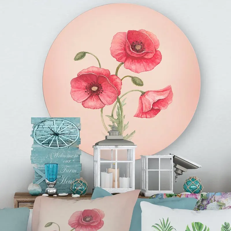 

'Poppy Retro Flowers' Vintage Circle Metal Wall Art 36x36 - Disc of 36