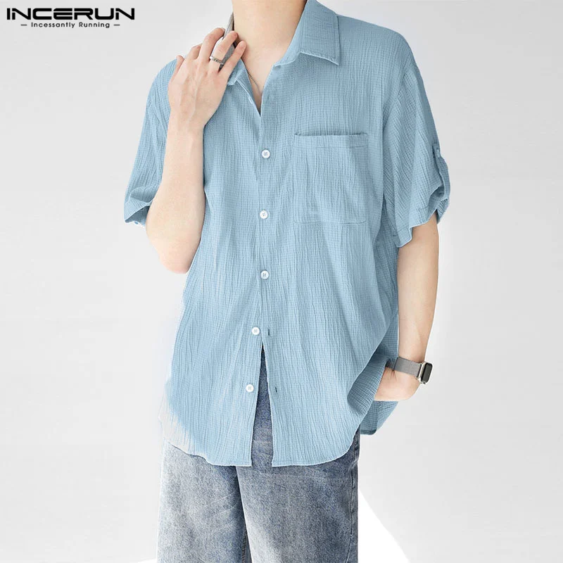 

INCEURN Tops 2023 Korean Style New Men's Pit Stripe Texture Design Shirts Casual Fashion Male Solid Short Sleeved Blouse S-5XL