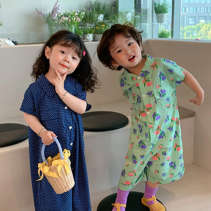

Summer baby unisex floral cotton Lapel playsuits boys girls loose short sleeve rompers 1-6Y