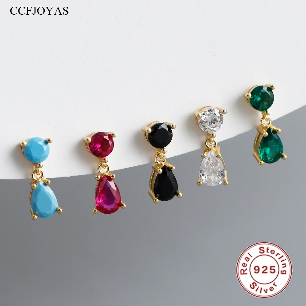 

CCFJOYAS Real 925 Sterling Silver Multicolor Zircon Waterdrop Shaped Stud Earrings Simple Green/Rose red/Turquoise CZ Earrings