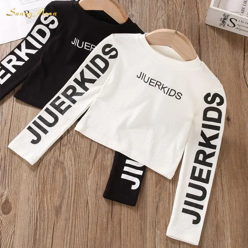 

Baby Fashion Infant Toddler Teens Child Personality Casual Letter Print Long Sleeve Crop Short Round Neck Base Shirt 3-14Y