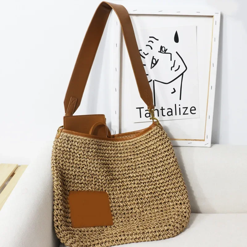 

2022 Summer New Large-capacity Straw Bag Single Shoulder Spell Leather Vacation Handbag Ladies Package Rustic Woven Bag